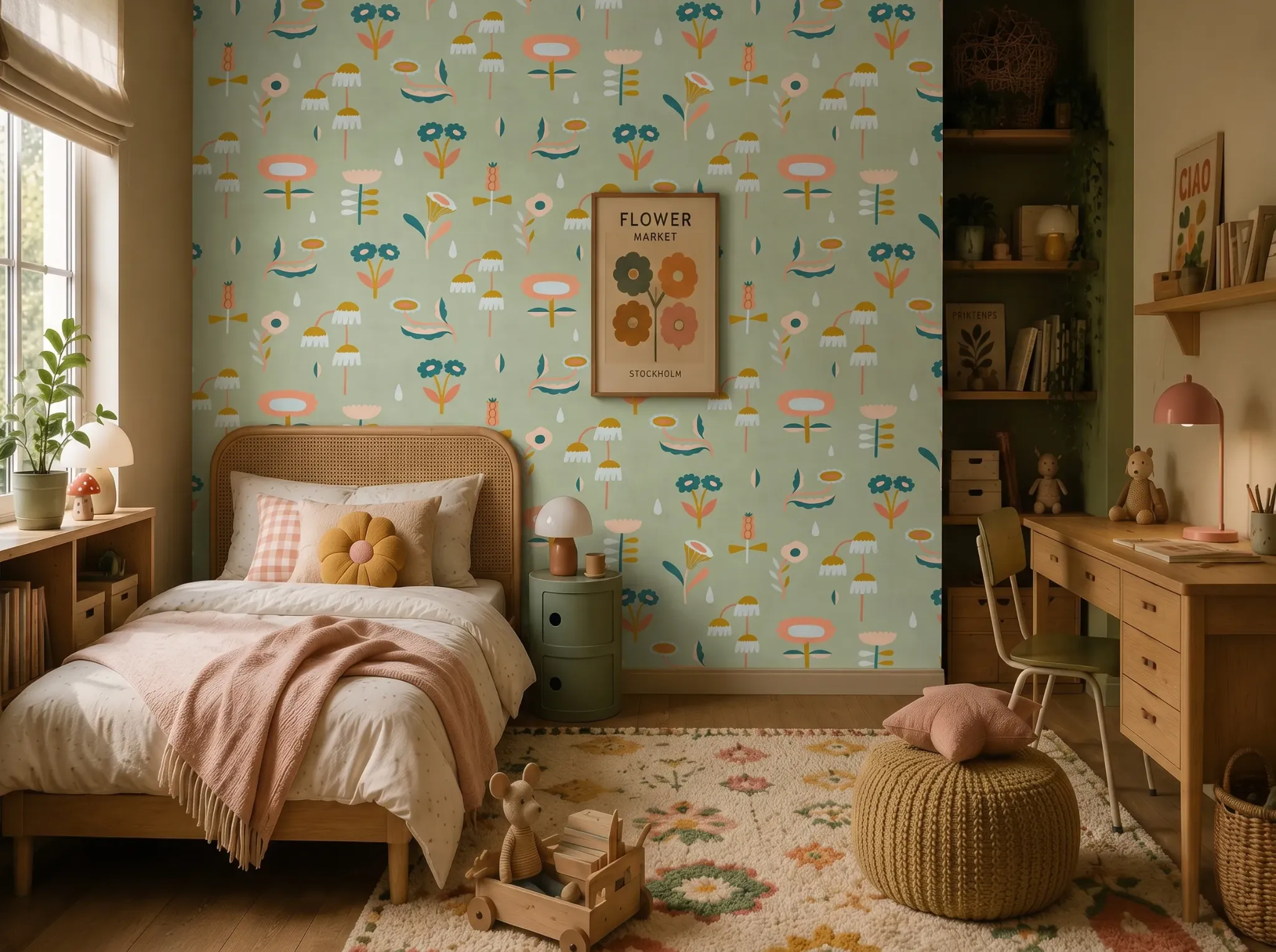 Farbenfrohes Kinderzimmer mit grafischer Blumentapete, Holzmöbeln und verspielten Details